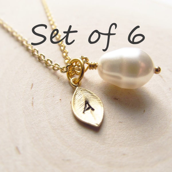 Pearl Bridesmaid Necklace Set of 6, Gold Personalized Teardrop Necklace with Initial Charm, Bridal Party Wedding Jewelry, White Ivory Cream