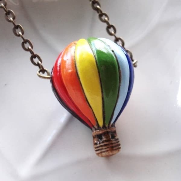 Hot Air Balloon Necklace, Ceramic Bead on Antiqued Brass Chain, Balloon Jewelry, French Ephemera, Carnival, Paris Jewelry, Pendant Necklace