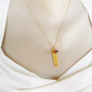 May include: A gold necklace with two small gold bars hanging from it. The bars have the letters "S" and "K" engraved on them. The necklace has two small gemstones, one orange and one purple, attached to the bars.