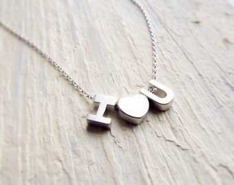 Valentine's Day Necklace, Silver Two Initial Heart Necklace, Personalized Anniversary Gift for Her, Couples Jewelry, Heart with Two Letters