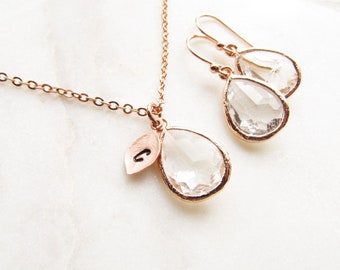 April Birthstone Jewelry Set, Rose Gold Crystal Initial Birth Stone Necklace and Earrings, Personalized April Birthday Gift for Women Girls