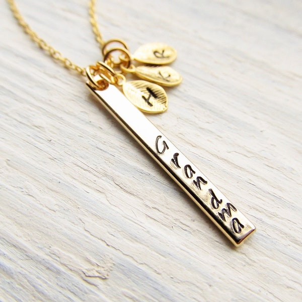 Grandma Gift, Necklace for Mother's Day from Grandkids, Personalized Grandmother Jewelry, Gold Bar with Initial Charm, Necklace for Grammy