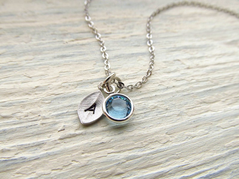 New Mom Necklace Silver Birthstone and Leaf Initial Charms
