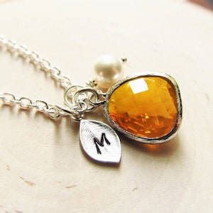 May include: A silver necklace with a small pearl charm, a leaf charm with the letter "M" engraved on it, and a large amber-colored gemstone pendant.