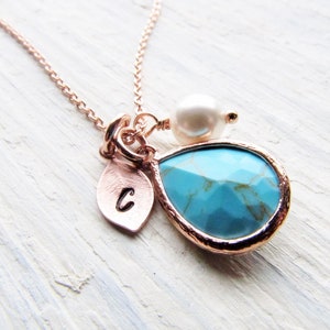 December Birthstone Necklace in Rose Gold, Personalized Turquoise Jewelry for December Birthday, Gift for Women and Girls, Turquoise Blue