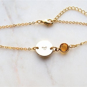 Gold Heart & Birthstone Bracelet, Personalized Adjustable Chain Bracelets, Engraved Heart Bracelets, Custom Jewelry Gifts for Women Girls image 1