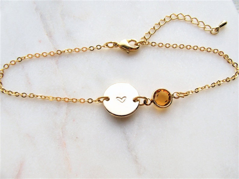 Gold Heart & Birthstone Bracelet, Personalized Adjustable Chain Bracelets, Engraved Heart Bracelets, Custom Jewelry Gifts for Women Girls image 1