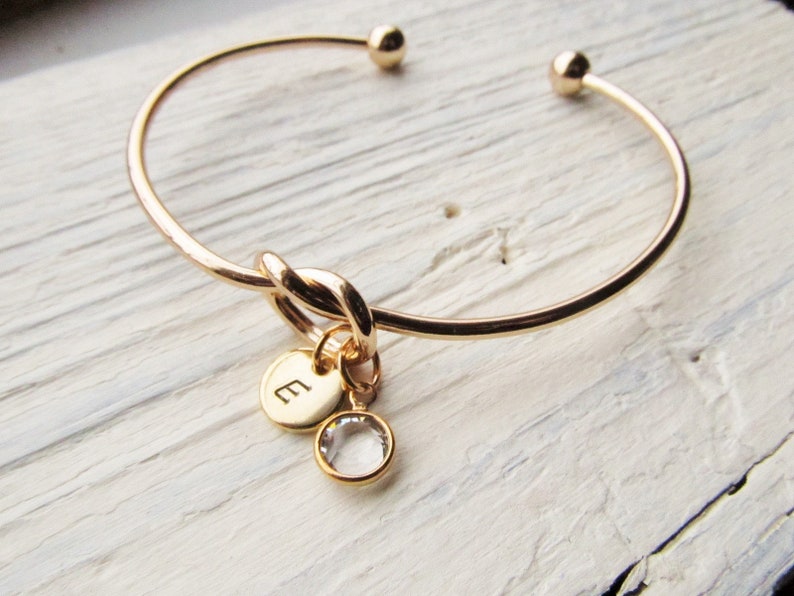 Gold Knot Bracelet, Women's Personalized Bangle with Initial and Birthstone Charms, Birth Stone Jewelry Gift for Woman, Her, Girlfriend image 3