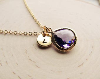 Amethyst Necklace Gold, Birthstone Jewelry for February, Amethyst Pendant with Initial Charm, February Birthday Gift for Her, Purple Jewelry