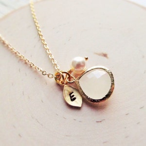 Gold Moonstone Necklace, June Birthstone Necklace, Initial, Jewel, Pearl Necklace, Gold Birthstone Jewelry, June Birthday, Pearl Jewelry
