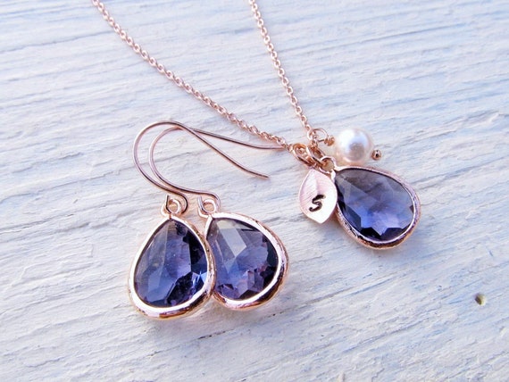 Amethyst Jewelry Set in Rose Gold, Initial Birthstone Necklace and Earrings in Rosegold, Personalized February Birthday Gift for Women Girls