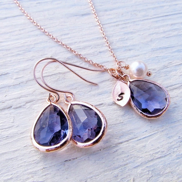 Amethyst Jewelry Set in Rose Gold, Initial Birthstone Necklace and Earrings in Rosegold, Personalized February Birthday Gift for Women Girls