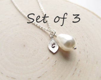 Bridesmaid Gift Set of 3, Silver Personalized Necklace, Teardrop Pearl with Initial Charm, Wedding Jewelry, Silver Pearl Jewelry, Bridal