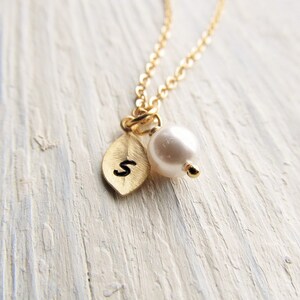 Pearl Necklace, Gold Initial Leaf and Pearl Charm, Personalized Initial Charm Necklace, Flower Girl or Bridesmaid Gift, Custom Pearl Jewelry