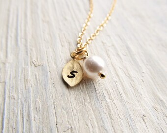 Pearl Necklace, Gold Initial Leaf and Pearl Charm, Personalized Initial Charm Necklace, Flower Girl or Bridesmaid Gift, Custom Pearl Jewelry