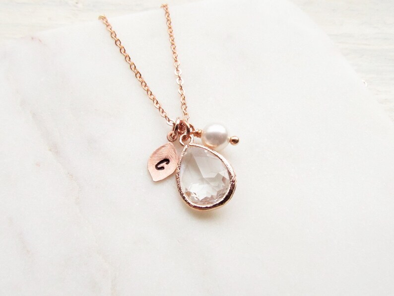 Rose Gold April Birthstone Necklace, Personalized Crystal Jewelry with Initial Birthstone Pearl Charm, Custom April Birthday Gifts for Her image 6