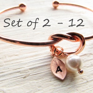 Knot Bracelet Set of 2, 3, 4, 5, 6, 7, 8, 9, 10, 11, or 12, Rose Gold Bangle with Initial Pearl, Customized Jewelry Gifts for Bridesmaids