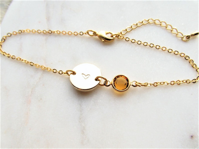 Gold Heart & Birthstone Bracelet, Personalized Adjustable Chain Bracelets, Engraved Heart Bracelets, Custom Jewelry Gifts for Women Girls image 2