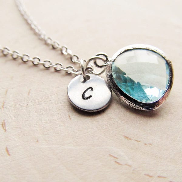 Aquamarine Pendant with Initial, Silver Aquamarine Necklace, March Birthstone Gift for Her, Personalized March Birthday Jewelry, Light Blue