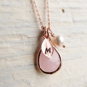 Rose Gold Pink Opal Necklace with Initial and Pearl, October Birthstone Gift, Birthday Gifts for Her, Rosegold Jewelry for Women or Girls