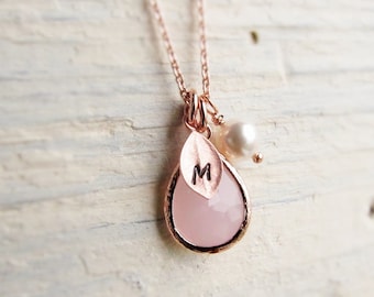 Rose Gold Pink Opal Necklace with Initial and Pearl, October Birthstone Gift, Birthday Gifts for Her, Rosegold Jewelry for Women or Girls