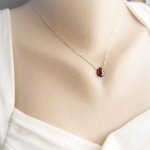 May include: A delicate gold chain necklace with a small, red gemstone pendant.