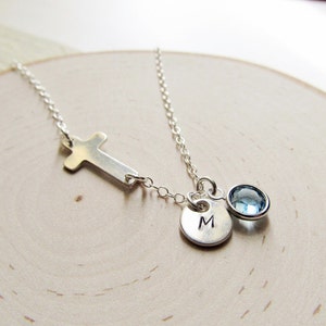 Sterling Silver Cross Necklace Personalized, Confirmation Gift, Silver Necklace Birthstone Initial, Sideways Cross Necklace, Religious Gift