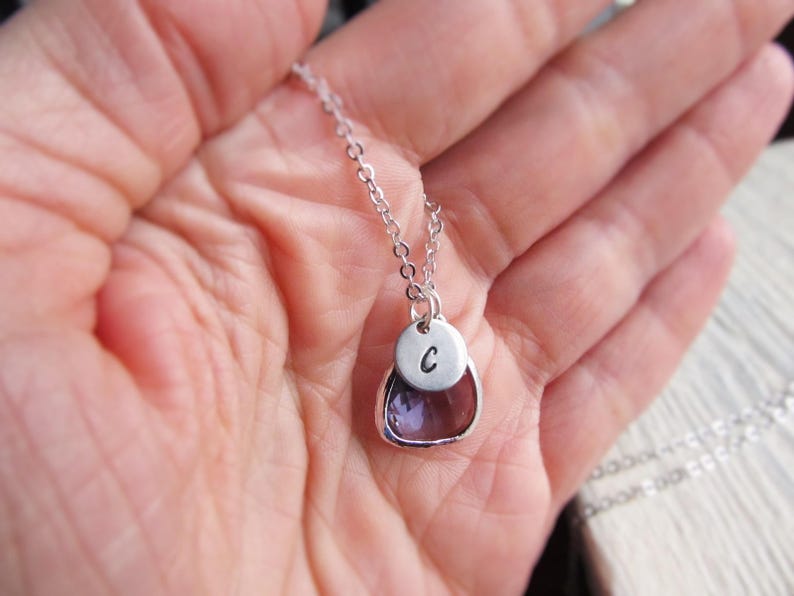 Amethyst Pendant with Initial, Silver Amethyst Necklace, February Birthstone Gift for Her, Personalized February Birthday Jewelry, Purple image 5