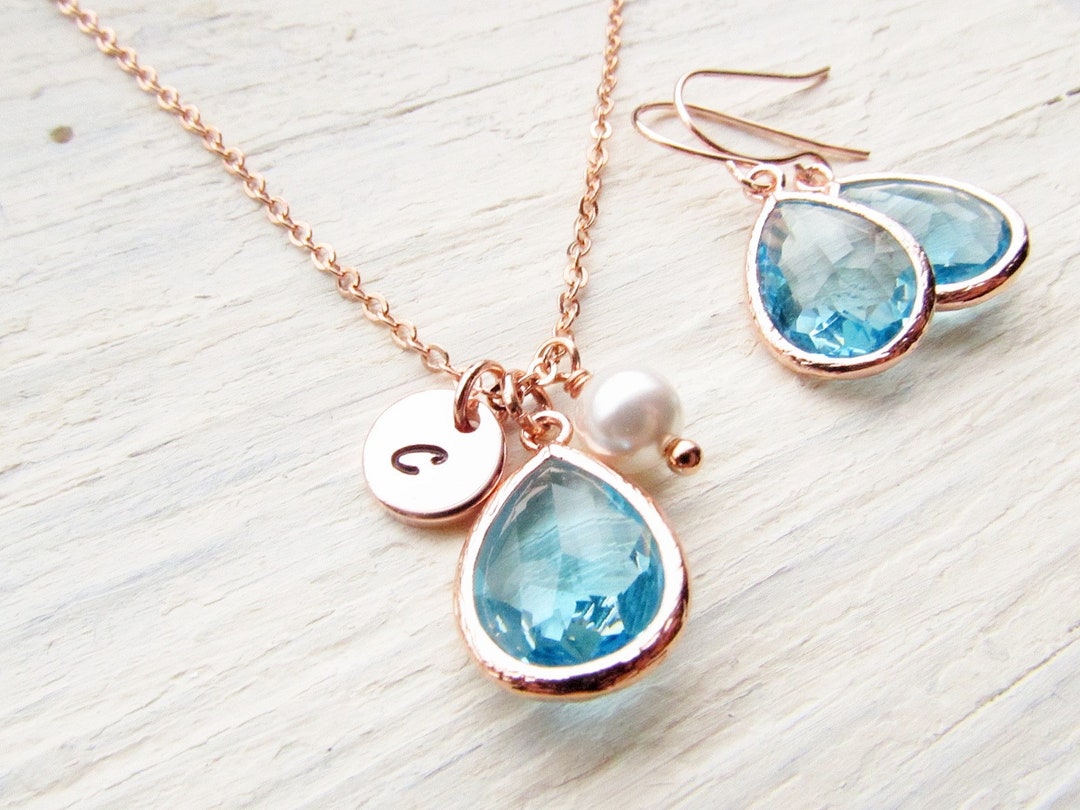 Rose Gold Aquamarine Necklace and Earrings, March Birthstone