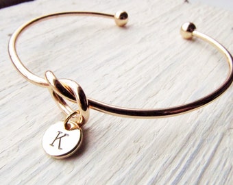 Knot Bracelet, Initial Charm on Gold Bangle, Adjustable Personalized Bracelets for Women, Custom Charms Jewelry, Love Knot Gift for Her