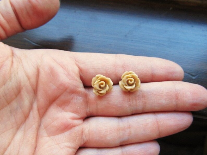 Tan Rose Earrings, Light Brown Flowers on Stainless Steel Posts, Post Stud Earrings, Resin Rose Studs, Floral Jewelry for Fall Autumn image 5