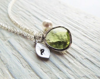 Peridot Necklace, Silver August Birthstone Jewelry, Initial Necklace, Green Jewelry, August Birthday Jewelry Gift, Personalized Necklace