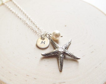 Sterling Silver Starfish Necklace with Pearl and Initial, Beach Wedding Jewelry, Personalized Bridesmaid Gift, You Choose Pearl Color