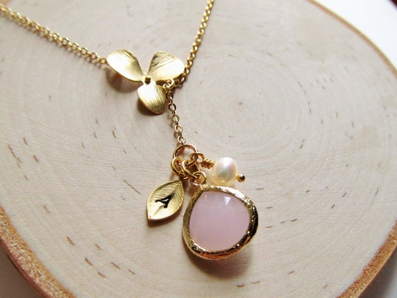 Gold Flower Necklace with Birthstone, Initial, and Pearl, Personalized Jewelry for Bridesmaids, Women, Girls, Lariat Style Asymmetric Orchid