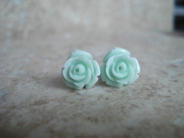 Mint Rose Earrings Mint Green Flowers on Stainless Steel | Etsy