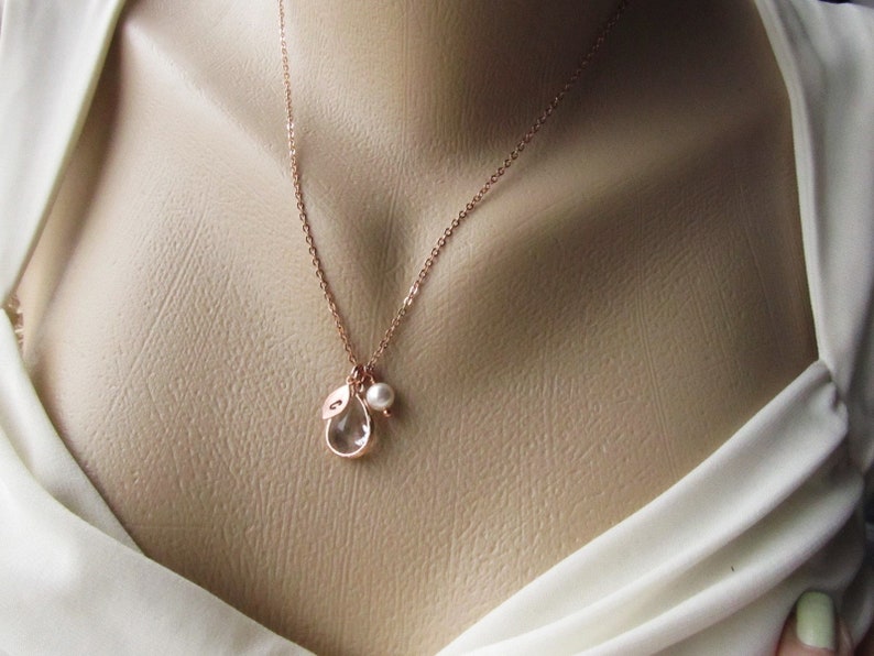 Rose Gold April Birthstone Necklace, Personalized Crystal Jewelry with Initial Birthstone Pearl Charm, Custom April Birthday Gifts for Her image 8