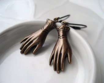 Hand Earrings, Antiqued Brass Dangle Earrings, Halloween Jewelry, Horror, Macabre, Costume Jewelry, Palmistry Hands, Hand Jewelry