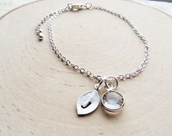 Silver Personalized Bracelet with Birthstone and Initial Charms, Adjustable Charm Bracelets for Women, Customized Jewelry Gift for Her