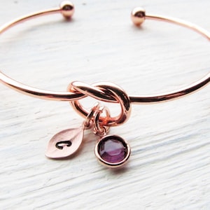 Rose Gold Knot Bangle Bracelet, Personalized Jewelry with Initial and Birthstone Charms, Custom Gift Ideas for Bridesmaids, Girls, Women