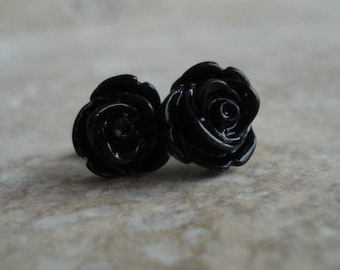 Black Rose Earrings, Flowers on Stainless Steel Posts, Post Earrings, Rose Jewelry, Halloween Earrings, Stud Earrings, Halloween Jewelry