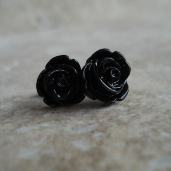 Black Rose Earrings, Flowers on Stainless Steel Posts, Post Earrings, Rose Jewelry, Halloween Earrings, Stud Earrings, Halloween Jewelry