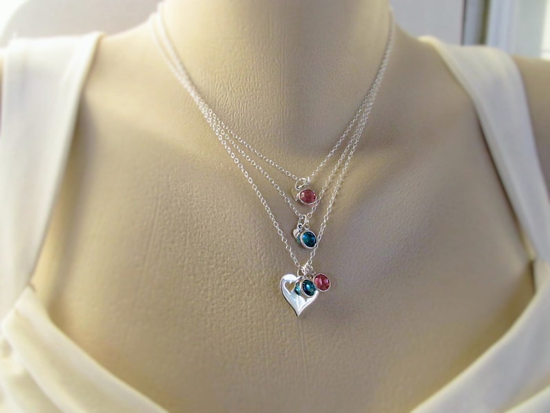Mom and Daughters Personalized Sterling Silver Heart Necklace Set of 3 Mother Daughter Necklaces with Birthstones Mother Daughters Gift