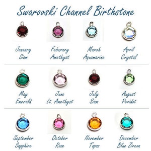 May include: A chart showing Swarovski channel birthstones for each month of the year. The chart shows a small crystal charm for each month, with the month and birthstone name listed below each charm.