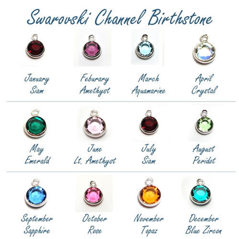 May include: A chart showing Swarovski channel birthstones for each month of the year. The chart shows a small crystal charm for each month, with the month and birthstone name listed below each charm.