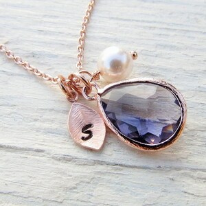 Amethyst Jewelry Set in Rose Gold, Initial Birthstone Necklace and Earrings in Rosegold, Personalized February Birthday Gift for Women Girls image 2
