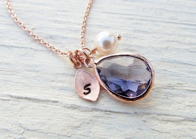 Amethyst Jewelry Set in Rose Gold, Initial Birthstone Necklace and Earrings in Rosegold, Personalized February Birthday Gift for Women Girls image 2