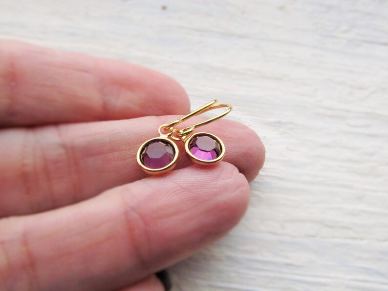 Petite Dainty Birthstone Jewelry Purple Crystal Dangle Earrings February Birthday Gift for Her Girls Women Gold Amethyst Earrings
