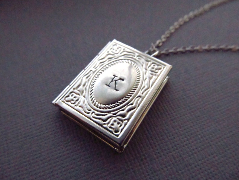 Book Lover Gift, Personalized Silver Locket Necklace with Initial, Miniature Book Necklace, Gift for Graduation or Book Club, Graduate image 4