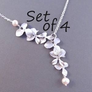 Pearl Bridesmaid Necklace Set of 4, Silver Orchid Flowers with Pearls, Bridal Party Jewelry, Wedding Jewelry, Lariat Style Necklace