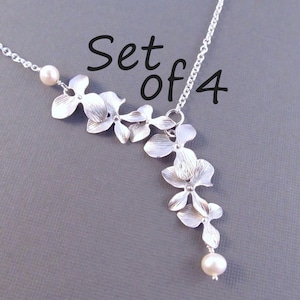 Pearl Bridesmaid Necklace Set of 4, Silver Orchid Flowers with Pearls, Bridal Party Jewelry, Wedding Jewelry, Lariat Style Necklace image 1